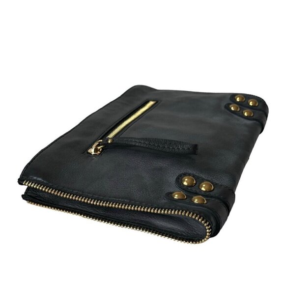 NWT Linea Pelle Dylan Large Clutch Black Leather Double Zip Studded Boho Y2K - Picture 3 of 13
